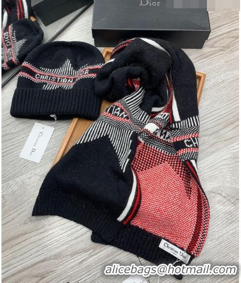 Good Taste Dior Star Wool Knit Hat and Scarf Set D092376 Black 2022