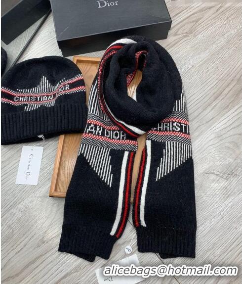 Good Taste Dior Star Wool Knit Hat and Scarf Set D092376 Black 2022