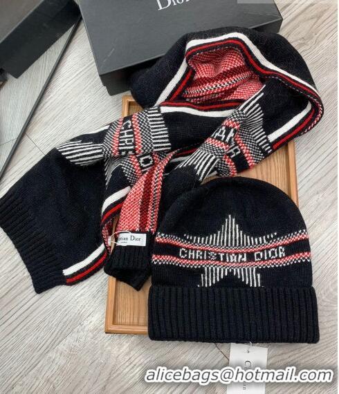 Good Taste Dior Star Wool Knit Hat and Scarf Set D092376 Black 2022