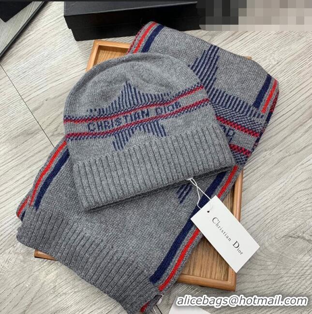 Inexpensive Dior Star Wool Knit Hat and Scarf Set D092376 Grey 2022