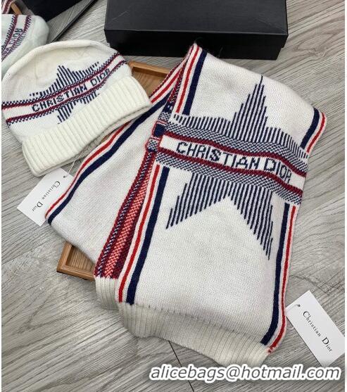 Low Cost Dior Star Wool Knit Hat and Scarf Set D092376 White 2022