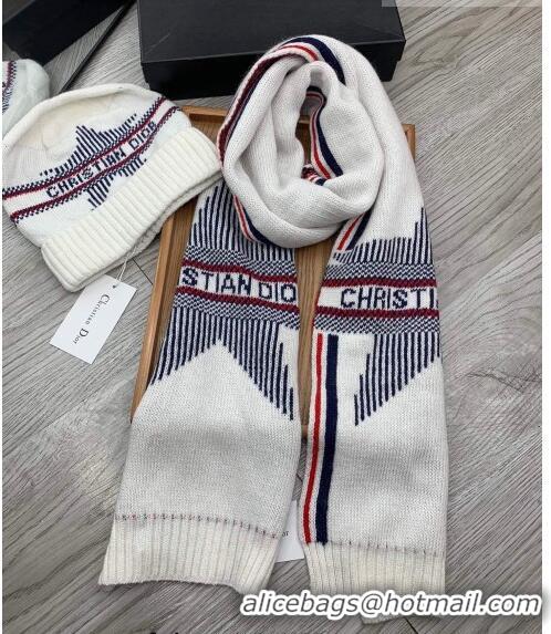 Low Cost Dior Star Wool Knit Hat and Scarf Set D092376 White 2022