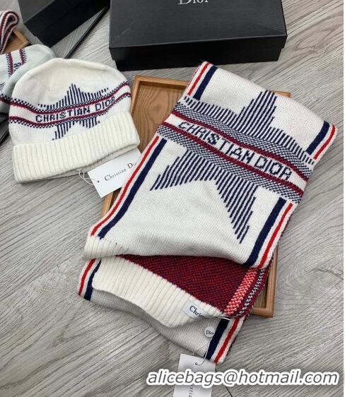 Low Cost Dior Star Wool Knit Hat and Scarf Set D092376 White 2022