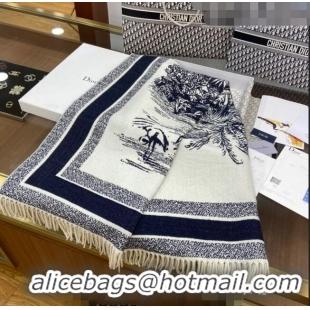 Best Price Dior Cashmere and Wool Shawl Scarf 140cm 0731 White/Navy Blue 2023