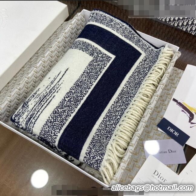 Best Price Dior Cashmere and Wool Shawl Scarf 140cm 0731 White/Navy Blue 2023