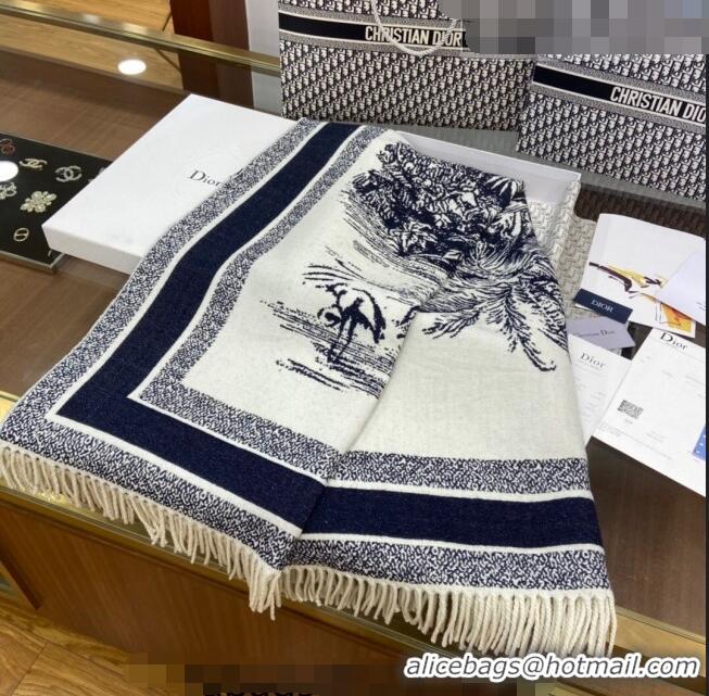 Best Price Dior Cashmere and Wool Shawl Scarf 140cm 0731 White/Navy Blue 2023