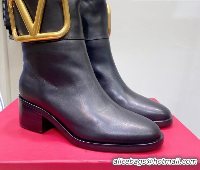 Purchase Valentino Maxi-VLogo Heel Ankle Boots 3cm in Calfskin Leather Black 814135