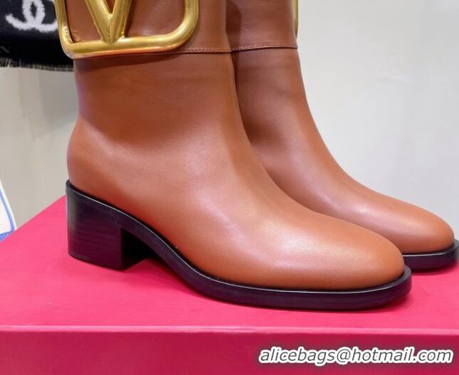 Good Quality Valentino Maxi-VLogo Heel Ankle Boots 3cm in Calfskin Leather Brown 814136