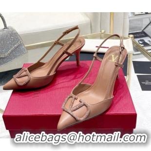 Low Cost Valentino VLogo Slingback Pumps 7.5cm in Calfskin with Crystals Dark Beige 821074