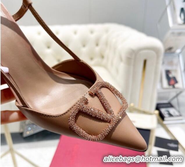 Low Cost Valentino VLogo Slingback Pumps 7.5cm in Calfskin with Crystals Dark Beige 821074