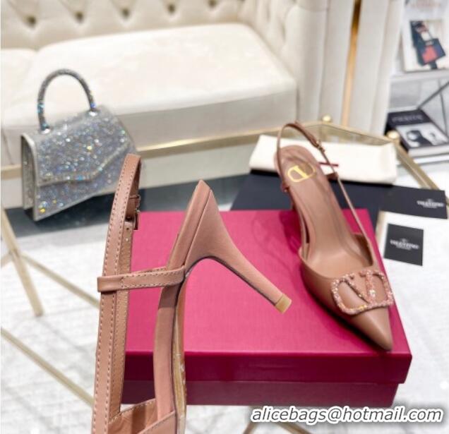 Low Cost Valentino VLogo Slingback Pumps 7.5cm in Calfskin with Crystals Dark Beige 821074