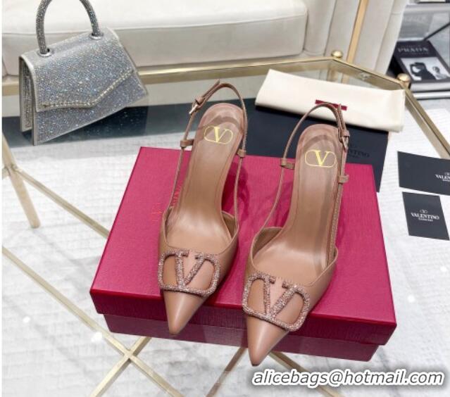 Low Cost Valentino VLogo Slingback Pumps 7.5cm in Calfskin with Crystals Dark Beige 821074