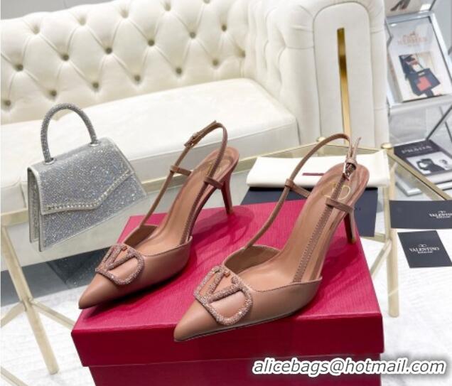 Low Cost Valentino VLogo Slingback Pumps 7.5cm in Calfskin with Crystals Dark Beige 821074