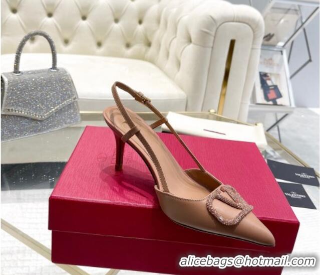 Low Cost Valentino VLogo Slingback Pumps 7.5cm in Calfskin with Crystals Dark Beige 821074