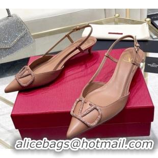 Classic Hot Valentino VLogo Slingback Pumps 4cm in Calfskin with Crystals Dark Beige VT08211