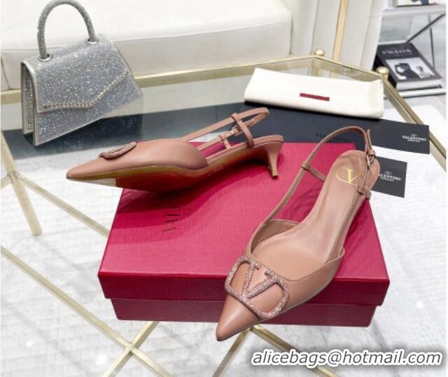 Classic Hot Valentino VLogo Slingback Pumps 4cm in Calfskin with Crystals Dark Beige VT08211