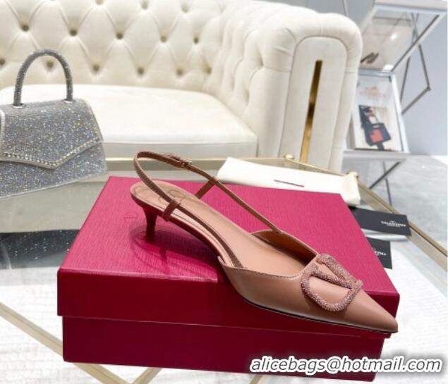 Classic Hot Valentino VLogo Slingback Pumps 4cm in Calfskin with Crystals Dark Beige VT08211