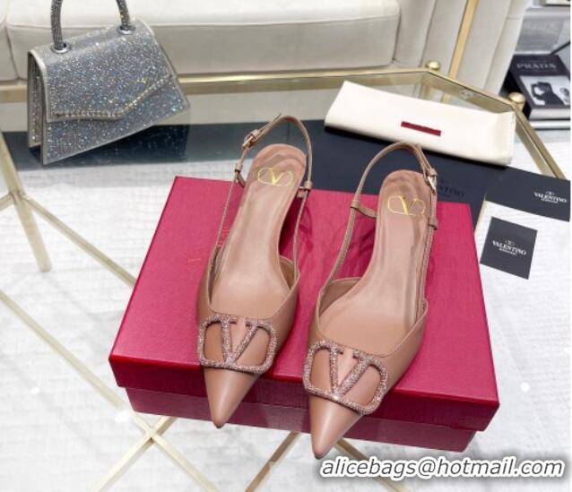 Classic Hot Valentino VLogo Slingback Pumps 4cm in Calfskin with Crystals Dark Beige VT08211