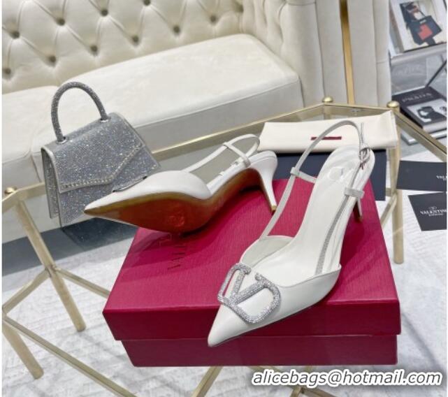 Sophisticated Valentino VLogo Slingback Pumps 7.5cm in Calfskin with Crystals White 821076