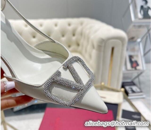 Sophisticated Valentino VLogo Slingback Pumps 7.5cm in Calfskin with Crystals White 821076