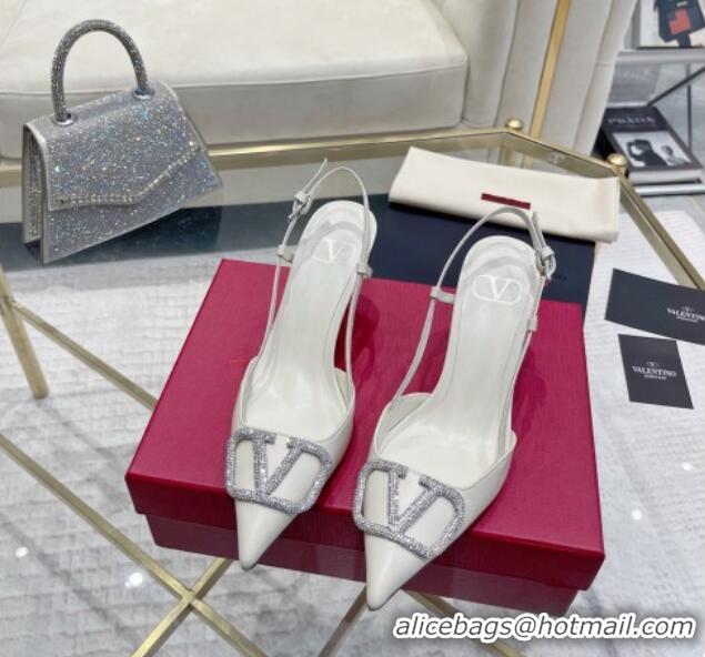 Sophisticated Valentino VLogo Slingback Pumps 7.5cm in Calfskin with Crystals White 821076