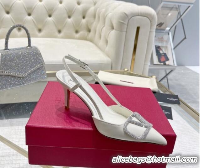 Sophisticated Valentino VLogo Slingback Pumps 7.5cm in Calfskin with Crystals White 821076