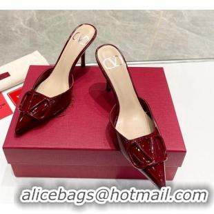 Top Grade Valentino VLogo Heel Mules 7.5cm in Patent Calfskin Burgundy 821079