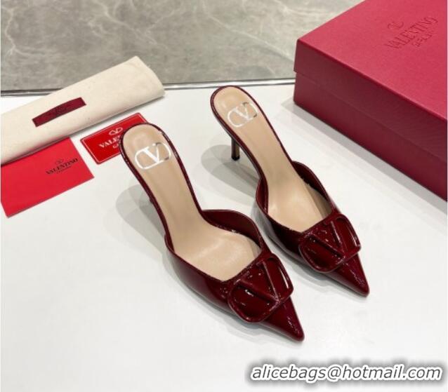 Top Grade Valentino VLogo Heel Mules 7.5cm in Patent Calfskin Burgundy 821079