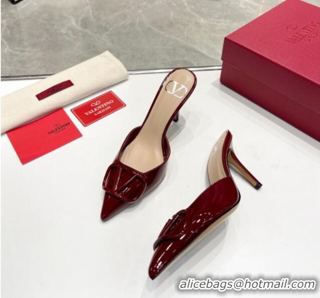 Top Grade Valentino VLogo Heel Mules 7.5cm in Patent Calfskin Burgundy 821079