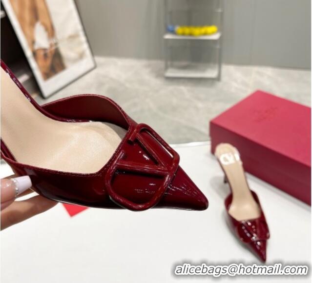 Top Grade Valentino VLogo Heel Mules 7.5cm in Patent Calfskin Burgundy 821079