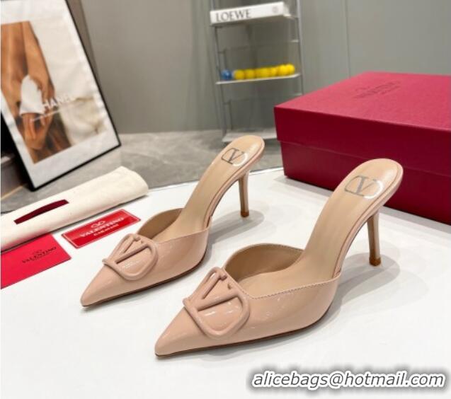 Duplicate Valentino VLogo Heel Mules 7.5cm in Patent Calfskin Nude 821080