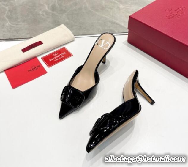 Perfect Valentino VLogo Heel Mules 7.5cm in Patent Calfskin Black 821081