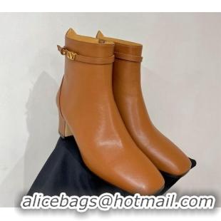 Best Grade Valentino VLogo Tan-Go Calfskin Ankle Boots 6cm with Mini-Logo Strap Brown 821084