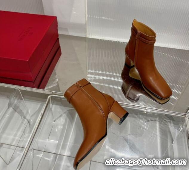 Best Grade Valentino VLogo Tan-Go Calfskin Ankle Boots 6cm with Mini-Logo Strap Brown 821084