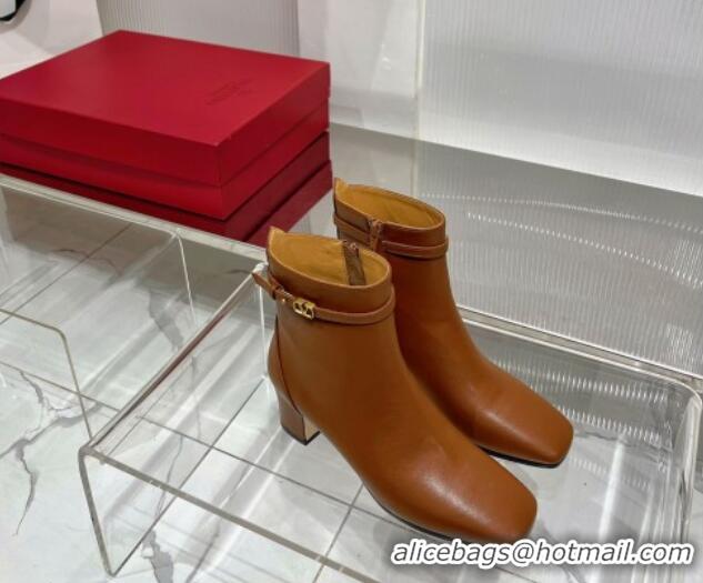 Best Grade Valentino VLogo Tan-Go Calfskin Ankle Boots 6cm with Mini-Logo Strap Brown 821084