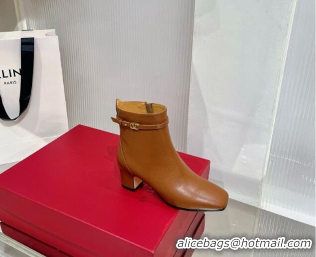 Best Grade Valentino VLogo Tan-Go Calfskin Ankle Boots 6cm with Mini-Logo Strap Brown 821084