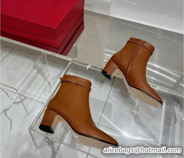 Best Grade Valentino VLogo Tan-Go Calfskin Ankle Boots 6cm with Mini-Logo Strap Brown 821084