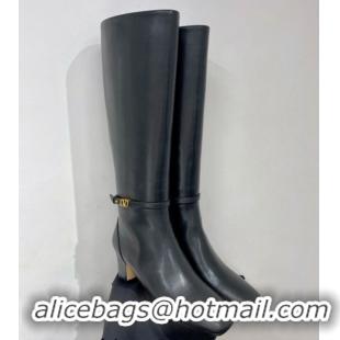 Discount Valentino VLogo Tan-Go Calfskin High Boots 6cm with Mini-Logo Strap Black 821086