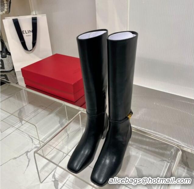 Discount Valentino VLogo Tan-Go Calfskin High Boots 6cm with Mini-Logo Strap Black 821086