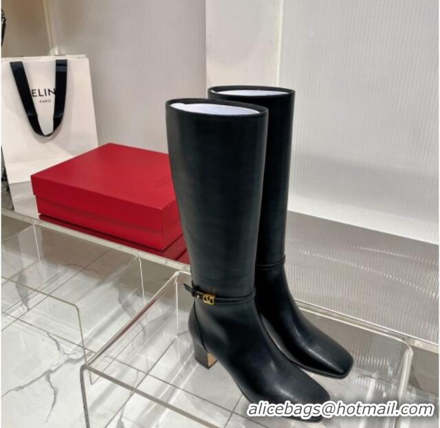 Discount Valentino VLogo Tan-Go Calfskin High Boots 6cm with Mini-Logo Strap Black 821086