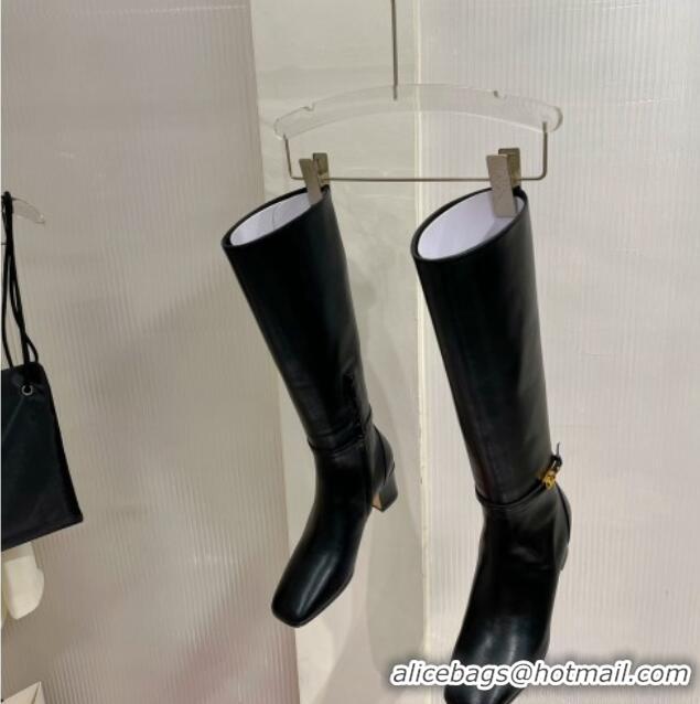 Discount Valentino VLogo Tan-Go Calfskin High Boots 6cm with Mini-Logo Strap Black 821086