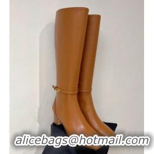 Perfect Valentino VLogo Tan-Go Calfskin High Boots 6cm with Mini-Logo Strap Brown 821087