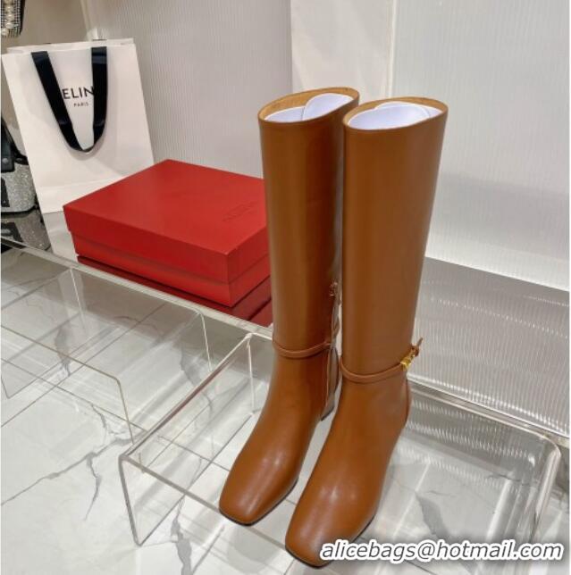 Perfect Valentino VLogo Tan-Go Calfskin High Boots 6cm with Mini-Logo Strap Brown 821087