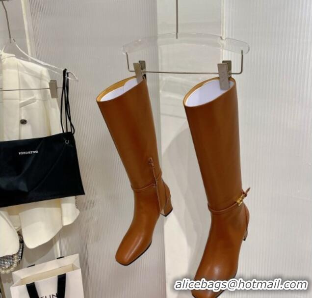 Perfect Valentino VLogo Tan-Go Calfskin High Boots 6cm with Mini-Logo Strap Brown 821087