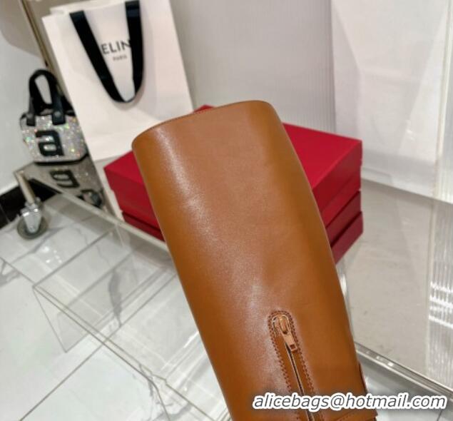 Perfect Valentino VLogo Tan-Go Calfskin High Boots 6cm with Mini-Logo Strap Brown 821087