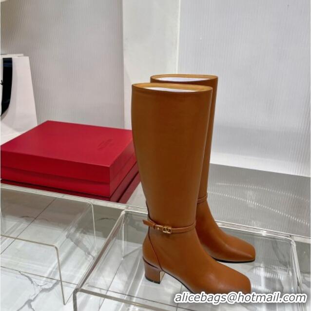 Perfect Valentino VLogo Tan-Go Calfskin High Boots 6cm with Mini-Logo Strap Brown 821087