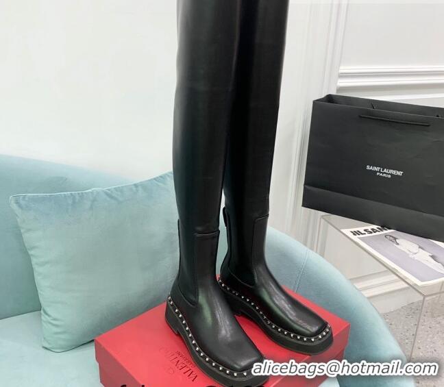 Purchase Valentino Rockstud Calfskin Knee-High Boots VLTN08283 Black