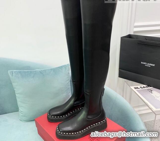 Purchase Valentino Rockstud Calfskin Knee-High Boots VLTN08283 Black