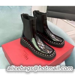 Luxury Valentino Rockstud Patent Calfskin Ankle Boots Black VLTN08283