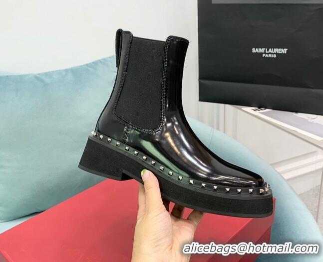 Luxury Valentino Rockstud Patent Calfskin Ankle Boots Black VLTN08283